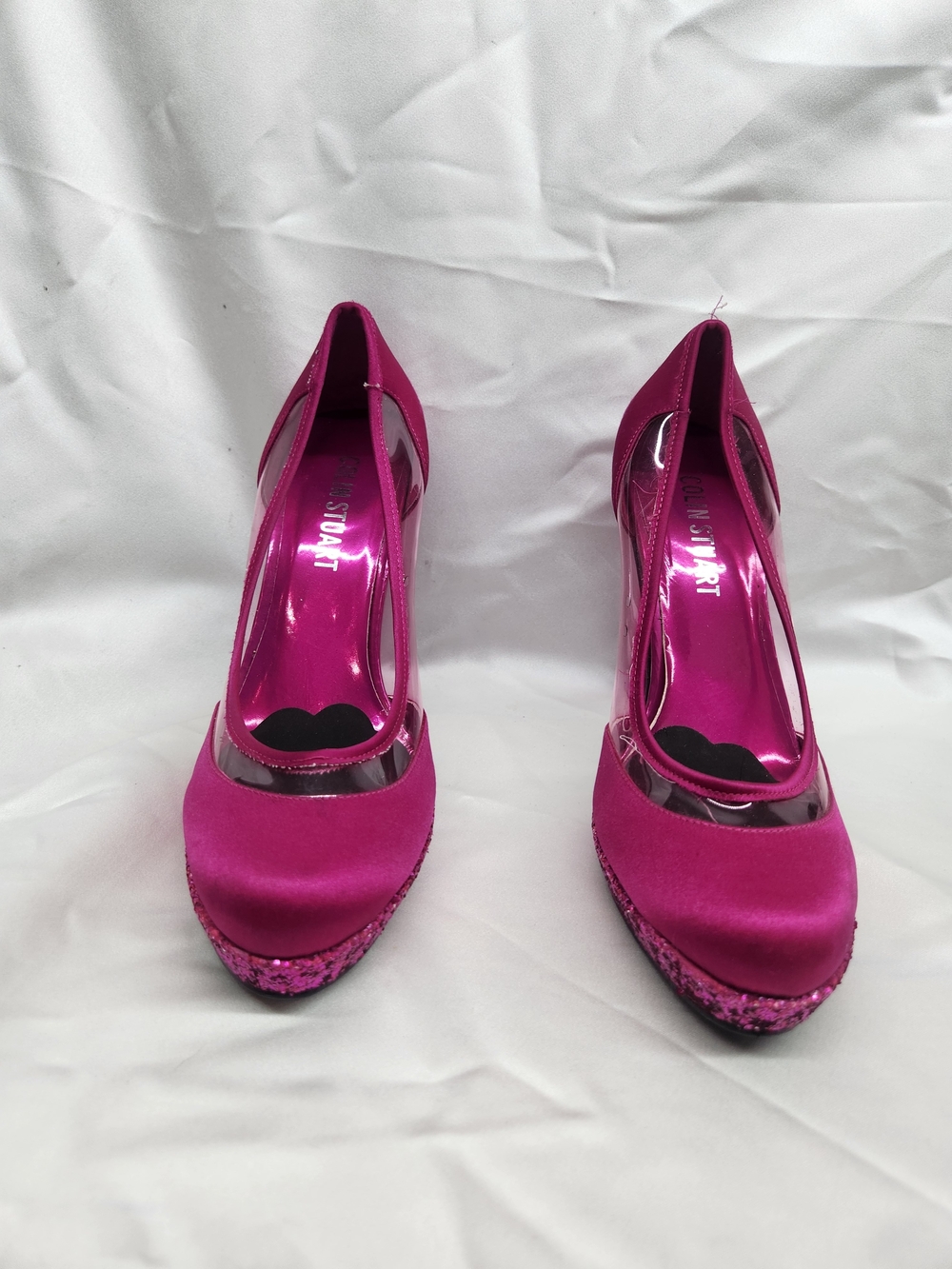 Colin Stuart Fuchsia Satin Platform Pumps with Glitter Toe